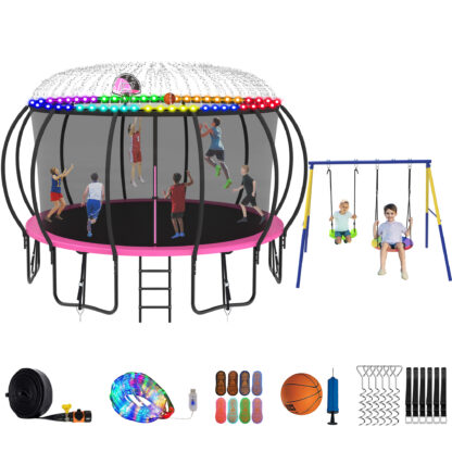 Jump Into Fun Trampoline 8 10 12 14 15 16FT, Trampoline with Enclosure, Basketball Hoop, Swing, LED Light and Gifts, 1500LBS Trampoline for 4-5 Adults/ 9-10 Kids, Outdoor Galvanized Spray Trampoline