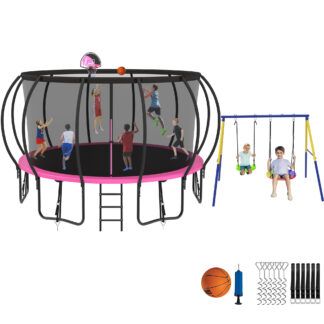 Jump Into Fun Trampoline 8 10 12 14 15 16FT, Trampoline with Enclosure, Basketball Hoop, Swing and Wind Stakes, 1500LBS Trampoline for 4-5 Adults/ 9-10 Kids, Outdoor Galvanized Spray Trampoline