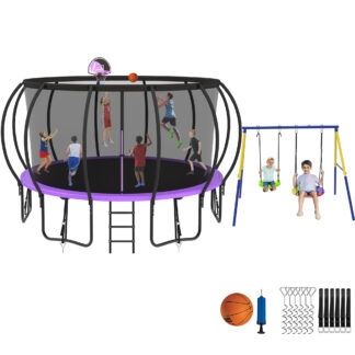 Jump Into Fun Trampoline 8 10 12 14 15 16FT, Trampoline with Enclosure, Basketball Hoop, Swing and Wind Stakes, 1500LBS Trampoline for 4-5 Adults/ 9-10 Kids, Outdoor Galvanized Spray Trampoline