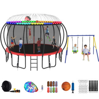 Jump Into Fun Trampoline 8 10 12 14 15 16FT, Trampoline with Enclosure, Basketball Hoop, Swing, LED Light and Gifts, 1500LBS Trampoline for 4-5 Adults/ 9-10 Kids, Outdoor Galvanized Spray Trampoline