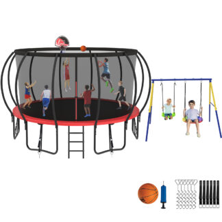 Jump Into Fun Trampoline 8 10 12 14 15 16FT, Trampoline with Enclosure, Basketball Hoop, Swing and Wind Stakes, 1500LBS Trampoline for 4-5 Adults/ 9-10 Kids, Outdoor Galvanized Spray Trampoline