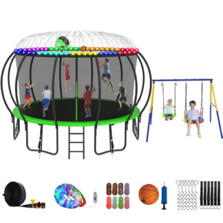 Jump Into Fun Trampoline 8 10 12 14 15 16FT, Trampoline with Enclosure, Basketball Hoop, Swing, LED Light and Gifts, 1500LBS Trampoline for 4-5 Adults/ 9-10 Kids, Outdoor Galvanized Spray Trampoline