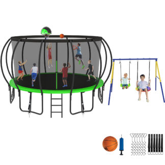 Jump Into Fun Trampoline 8 10 12 14 15 16FT, Trampoline with Enclosure, Basketball Hoop, Swing and Wind Stakes, 1500LBS Trampoline for 4-5 Adults/ 9-10 Kids, Outdoor Galvanized Spray Trampoline