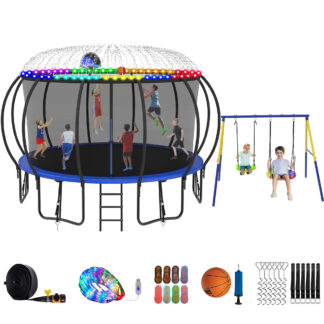 Jump Into Fun Trampoline 8 10 12 14 15 16FT, Trampoline with Enclosure, Basketball Hoop, Swing, LED Light and Gifts, 1500LBS Trampoline for 4-5 Adults/ 9-10 Kids, Outdoor Galvanized Spray Trampoline