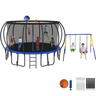 Jump Into Fun Trampoline 8 10 12 14 15 16FT, Trampoline with Enclosure, Basketball Hoop, Swing and Wind Stakes, 1500LBS Trampoline for 4-5 Adults/ 9-10 Kids, Outdoor Galvanized Spray Trampoline