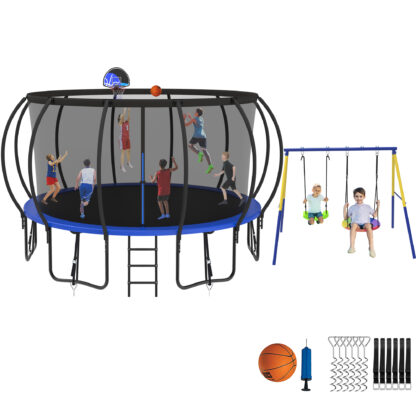 Jump Into Fun Trampoline 8 10 12 14 15 16FT, Trampoline with Enclosure, Basketball Hoop, Swing and Wind Stakes, 1500LBS Trampoline for 4-5 Adults/ 9-10 Kids, Outdoor Galvanized Spray Trampoline