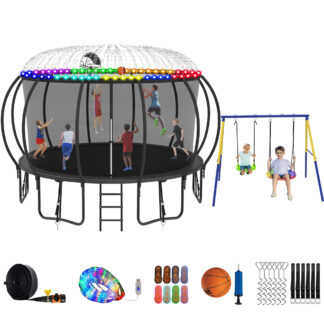 Jump Into Fun Trampoline 8 10 12 14 15 16FT, Trampoline with Enclosure, Basketball Hoop, Swing, LED Light and Gifts, 1500LBS Trampoline for 4-5 Adults/ 9-10 Kids, Outdoor Galvanized Spray Trampoline