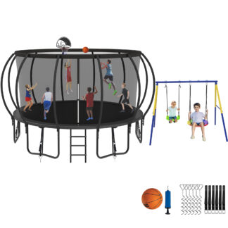 Jump Into Fun Trampoline 8 10 12 14 15 16FT, Trampoline with Enclosure, Basketball Hoop, Swing and Wind Stakes, 1500LBS Trampoline for 4-5 Adults/ 9-10 Kids, Outdoor Galvanized Spray Trampoline