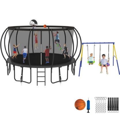 Jump Into Fun Trampoline 8 10 12 14 15 16FT, Trampoline with Enclosure, Basketball Hoop, Swing and Wind Stakes, 1500LBS Trampoline for 4-5 Adults/ 9-10 Kids, Outdoor Galvanized Spray Trampoline