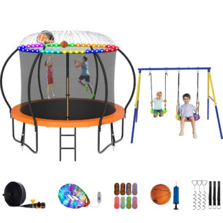Jump Into Fun Trampoline 8 10 12 14 15 16FT, Trampoline with Enclosure, Basketball Hoop, Swing, LED Light and More Gifts, 1000LBS Trampoline for 3-4 Kids, Outdoor Galvanized Spray No Gap Trampoline