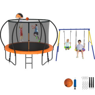 Jump Into Fun Trampoline 8 10 12 14 15 16FT, Trampoline with Enclosure, Basketball Hoop, Swing and Wind Stakes, 800LBS Trampoline for 2-3 Kids, Outdoor Galvanized Spray No Gap Design Trampoline
