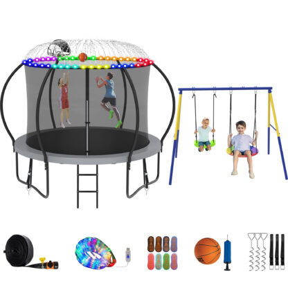 Jump Into Fun Trampoline 8 10 12 14 15 16FT, Trampoline with Enclosure, Basketball Hoop, Swing, LED Light and More Gifts, 1000LBS Trampoline for 3-4 Kids, Outdoor Galvanized Spray No Gap Trampoline