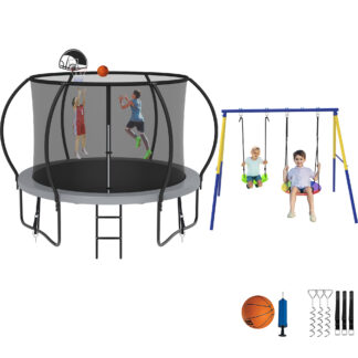 Jump Into Fun Trampoline 8 10 12 14 15 16FT, Trampoline with Enclosure, Basketball Hoop, Swing and Wind Stakes, 800LBS Trampoline for 2-3 Kids, Outdoor Galvanized Spray No Gap Design Trampoline
