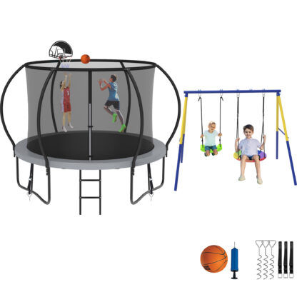 Jump Into Fun Trampoline 8 10 12 14 15 16FT, Trampoline with Enclosure, Basketball Hoop, Swing and Wind Stakes, 800LBS Trampoline for 2-3 Kids, Outdoor Galvanized Spray No Gap Design Trampoline