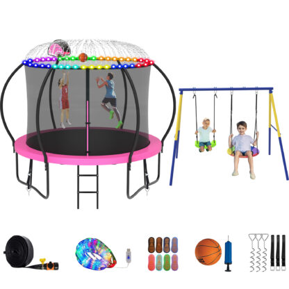 Jump Into Fun Trampoline 8 10 12 14 15 16FT, Trampoline with Enclosure, Basketball Hoop, Swing, LED Light and More Gifts, 1000LBS Trampoline for 3-4 Kids, Outdoor Galvanized Spray No Gap Trampoline