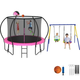 Jump Into Fun Trampoline 8 10 12 14 15 16FT, Trampoline with Enclosure, Basketball Hoop, Swing and Wind Stakes, 800LBS Trampoline for 2-3 Kids, Outdoor Galvanized Spray No Gap Design Trampoline