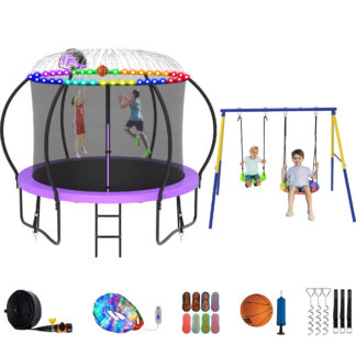 Jump Into Fun Trampoline 8 10 12 14 15 16FT, Trampoline with Enclosure, Basketball Hoop, Swing, LED Light and More Gifts, 1000LBS Trampoline for 3-4 Kids, Outdoor Galvanized Spray No Gap Trampoline