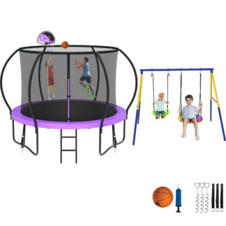 Jump Into Fun Trampoline 8 10 12 14 15 16FT, Trampoline with Enclosure, Basketball Hoop, Swing and Wind Stakes, 800LBS Trampoline for 2-3 Kids, Outdoor Galvanized Spray No Gap Design Trampoline