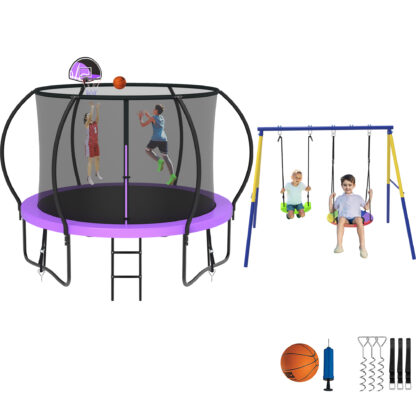 Jump Into Fun Trampoline 8 10 12 14 15 16FT, Trampoline with Enclosure, Basketball Hoop, Swing and Wind Stakes, 800LBS Trampoline for 2-3 Kids, Outdoor Galvanized Spray No Gap Design Trampoline