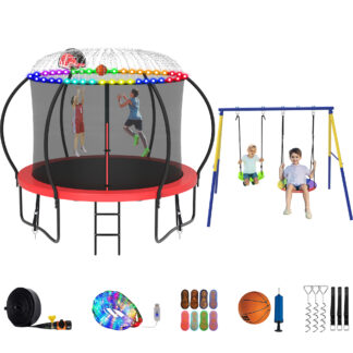 Jump Into Fun Trampoline 8 10 12 14 15 16FT, Trampoline with Enclosure, Basketball Hoop, Swing, LED Light and More Gifts, 1000LBS Trampoline for 3-4 Kids, Outdoor Galvanized Spray No Gap Trampoline