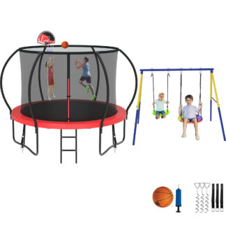 Jump Into Fun Trampoline 8 10 12 14 15 16FT, Trampoline with Enclosure, Basketball Hoop, Swing and Wind Stakes, 800LBS Trampoline for 2-3 Kids, Outdoor Galvanized Spray No Gap Design Trampoline