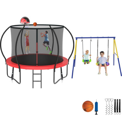 Jump Into Fun Trampoline 8 10 12 14 15 16FT, Trampoline with Enclosure, Basketball Hoop, Swing and Wind Stakes, 800LBS Trampoline for 2-3 Kids, Outdoor Galvanized Spray No Gap Design Trampoline