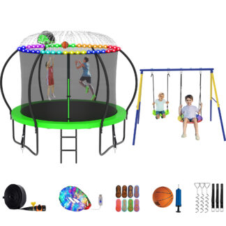 Jump Into Fun Trampoline 8 10 12 14 15 16FT, Trampoline with Enclosure, Basketball Hoop, Swing, LED Light and More Gifts, 1000LBS Trampoline for 3-4 Kids, Outdoor Galvanized Spray No Gap Trampoline