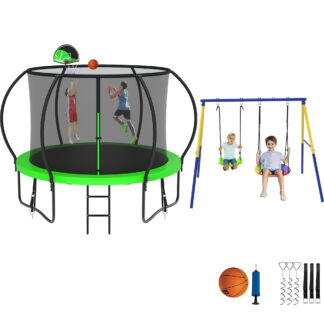 Jump Into Fun Trampoline 8 10 12 14 15 16FT, Trampoline with Enclosure, Basketball Hoop, Swing and Wind Stakes, 800LBS Trampoline for 2-3 Kids, Outdoor Galvanized Spray No Gap Design Trampoline