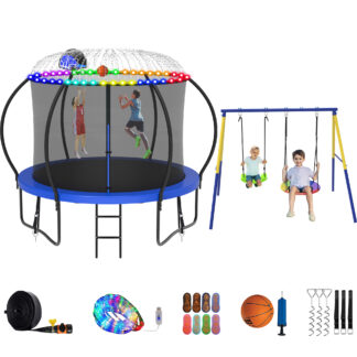 Jump Into Fun Trampoline 8 10 12 14 15 16FT, Trampoline with Enclosure, Basketball Hoop, Swing, LED Light and More Gifts, 1000LBS Trampoline for 3-4 Kids, Outdoor Galvanized Spray No Gap Trampoline