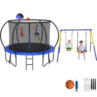 Jump Into Fun Trampoline 8 10 12 14 15 16FT, Trampoline with Enclosure, Basketball Hoop, Swing and Wind Stakes, 800LBS Trampoline for 2-3 Kids, Outdoor Galvanized Spray No Gap Design Trampoline
