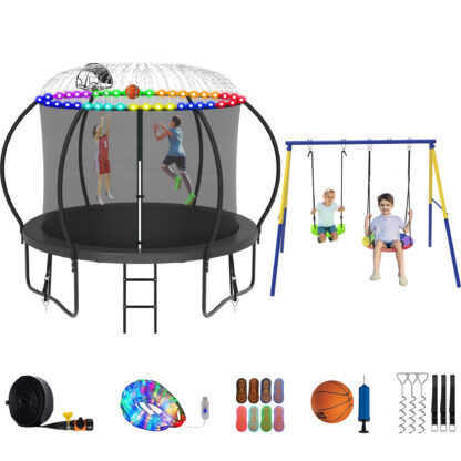 Jump Into Fun Trampoline 8 10 12 14 15 16FT, Trampoline with Enclosure, Basketball Hoop, Swing, LED Light and More Gifts, 1000LBS Trampoline for 3-4 Kids, Outdoor Galvanized Spray No Gap Trampoline