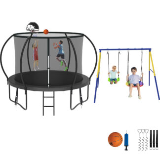 Jump Into Fun Trampoline 8 10 12 14 15 16FT, Trampoline with Enclosure, Basketball Hoop, Swing and Wind Stakes, 800LBS Trampoline for 2-3 Kids, Outdoor Galvanized Spray No Gap Design Trampoline