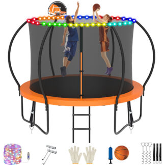 Jump Into Fun Trampoline, 10FT 1000LBS Trampoline for 4-5 Kids, Pumpkin Trampolines with Enclosure, LED Light, Basketball Hoop,Outdoor Galvanized Anti-Rust Coating Recreational Trampoline for Gifts