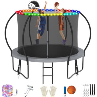 Jump Into Fun Trampoline, 10FT 1000LBS Trampoline for 4-5 Kids, Pumpkin Trampolines with Enclosure, LED Light, Basketball Hoop,Outdoor Galvanized Anti-Rust Coating Recreational Trampoline for Gifts