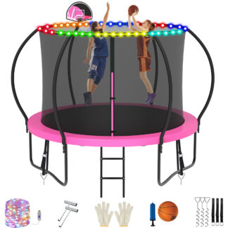Jump Into Fun Trampoline, 10FT 1000LBS Trampoline for 4-5 Kids, Pumpkin Trampolines with Enclosure, LED Light, Basketball Hoop,Outdoor Galvanized Anti-Rust Coating Recreational Trampoline for Gifts