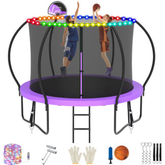 Jump Into Fun Trampoline, 10FT 1000LBS Trampoline for 4-5 Kids, Pumpkin Trampolines with Enclosure, LED Light, Basketball Hoop,Outdoor Galvanized Anti-Rust Coating Recreational Trampoline for Gifts