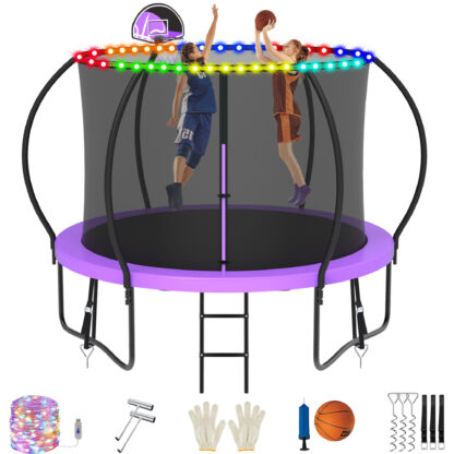 Jump Into Fun Trampoline, 10FT 1000LBS Trampoline for 4-5 Kids, Pumpkin Trampolines with Enclosure, LED Light, Basketball Hoop,Outdoor Galvanized Anti-Rust Coating Recreational Trampoline for Gifts