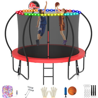 Jump Into Fun Trampoline, 10FT 1000LBS Trampoline for 4-5 Kids, Pumpkin Trampolines with Enclosure, LED Light, Basketball Hoop,Outdoor Galvanized Anti-Rust Coating Recreational Trampoline for Gifts