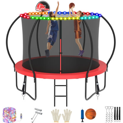 Jump Into Fun Trampoline, 10FT 1000LBS Trampoline for 4-5 Kids, Pumpkin Trampolines with Enclosure, LED Light, Basketball Hoop,Outdoor Galvanized Anti-Rust Coating Recreational Trampoline for Gifts
