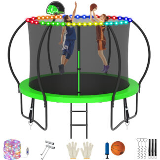 Jump Into Fun Trampoline, 10FT 1000LBS Trampoline for 4-5 Kids, Pumpkin Trampolines with Enclosure, LED Light, Basketball Hoop,Outdoor Galvanized Anti-Rust Coating Recreational Trampoline for Gifts