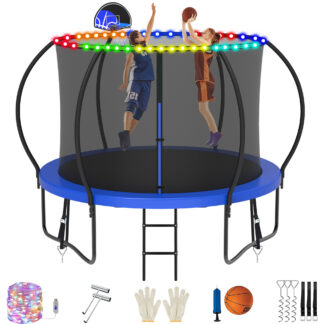 Jump Into Fun Trampoline, 10FT 1000LBS Trampoline for 4-5 Kids, Pumpkin Trampolines with Enclosure, LED Light, Basketball Hoop,Outdoor Galvanized Anti-Rust Coating Recreational Trampoline for Gifts