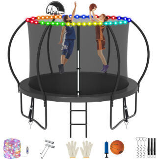 Jump Into Fun Trampoline, 10FT 1000LBS Trampoline for 4-5 Kids, Pumpkin Trampolines with Enclosure, LED Light, Basketball Hoop,Outdoor Galvanized Anti-Rust Coating Recreational Trampoline for Gifts