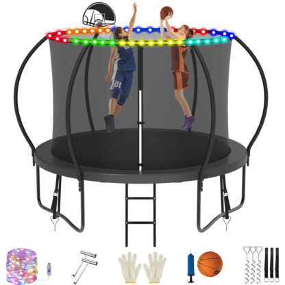 Jump Into Fun Trampoline, 10FT 1000LBS Trampoline for 4-5 Kids, Pumpkin Trampolines with Enclosure, LED Light, Basketball Hoop,Outdoor Galvanized Anti-Rust Coating Recreational Trampoline for Gifts
