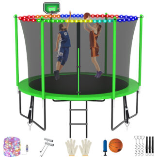 Jump Into Fun 10FT Trampoline for 3-4 Kids, 1000LBS Capacity Trampolines with Enclosure, LED Light, Basketball Hoop, Wind Stakes, Heavy Duty Outdoor Anti-Rust Coating Recreational Trampoline for Gift