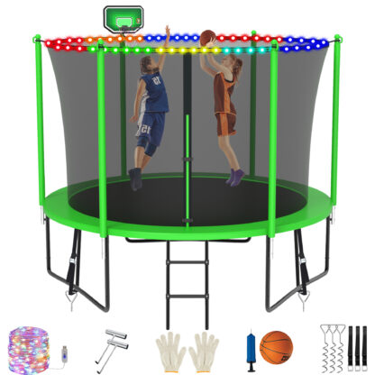 Jump Into Fun 10FT Trampoline for 3-4 Kids, 1000LBS Capacity Trampolines with Enclosure, LED Light, Basketball Hoop, Wind Stakes, Heavy Duty Outdoor Anti-Rust Coating Recreational Trampoline for Gift
