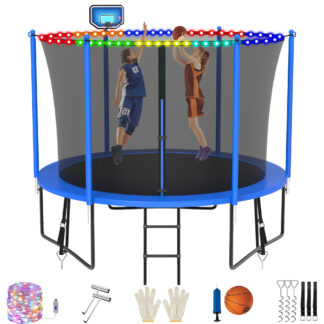 Jump Into Fun 10FT Trampoline for 3-4 Kids, 1000LBS Capacity Trampolines with Enclosure, LED Light, Basketball Hoop, Wind Stakes, Heavy Duty Outdoor Anti-Rust Coating Recreational Trampoline for Gift
