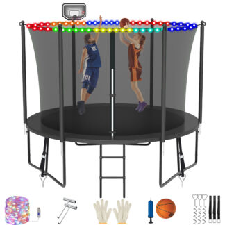 Jump Into Fun 10FT Trampoline for 3-4 Kids, 1000LBS Capacity Trampolines with Enclosure, LED Light, Basketball Hoop, Wind Stakes, Heavy Duty Outdoor Anti-Rust Coating Recreational Trampoline for Gift