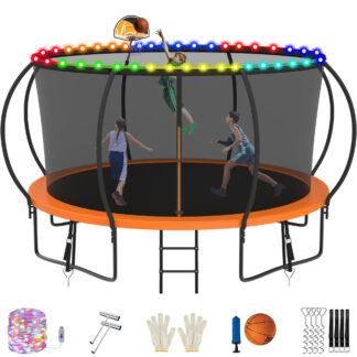 Jump Into Fun Trampoline, 12FT 1200LBS Trampoline for 5-6 Kids, Pumpkin Trampolines with Enclosure, LED Light, Basketball Hoop,Outdoor Galvanized Anti-Rust Coating Recreational Trampoline for Gifts