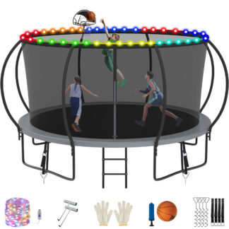 Jump Into Fun Trampoline, 12FT 1200LBS Trampoline for 5-6 Kids, Pumpkin Trampolines with Enclosure, LED Light, Basketball Hoop,Outdoor Galvanized Anti-Rust Coating Recreational Trampoline for Gifts