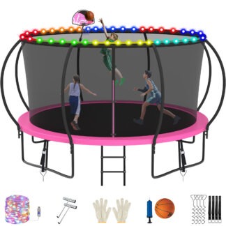 Jump Into Fun Trampoline, 12FT 1200LBS Trampoline for 5-6 Kids, Pumpkin Trampolines with Enclosure, LED Light, Basketball Hoop,Outdoor Galvanized Anti-Rust Coating Recreational Trampoline for Gifts